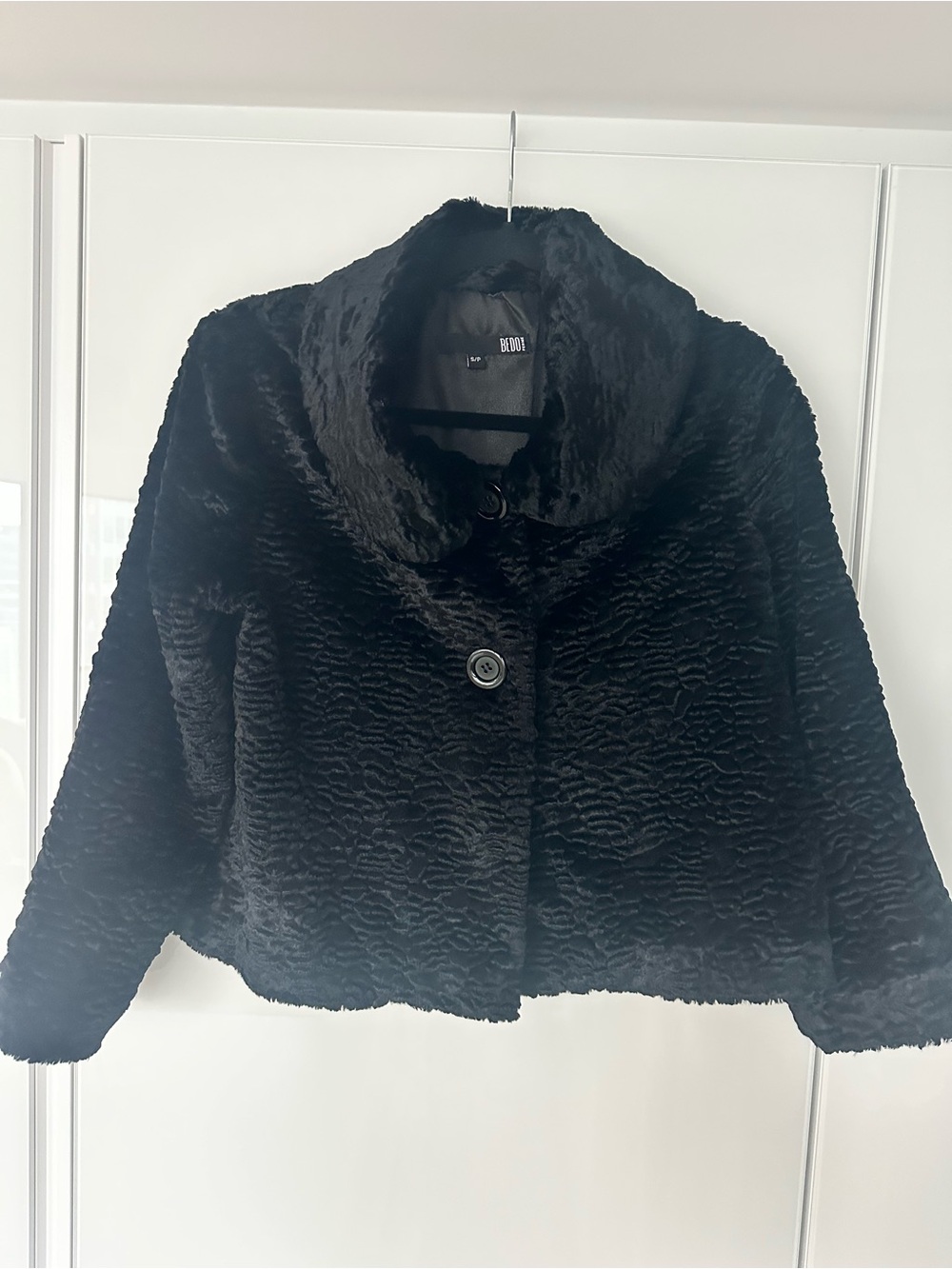 BCBG Black Faux Fur Short Teddy Jacket with Button Front